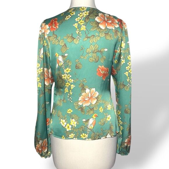 Majorelle Blouse Top Women Size S Green Floral Bird Print Long Sleeve Open Front - Picture 3 of 14